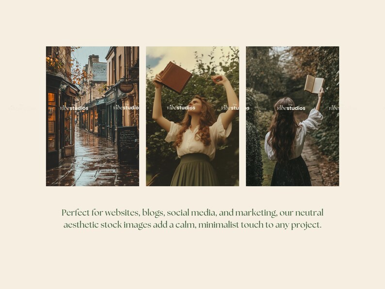 May include: Three images showcasing a neutral aesthetic. The first image shows a cobblestone street with buildings on either side. The second image shows a woman in a white shirt and green skirt holding a book above her head. The third image shows a woman in a white shirt and green skirt walking down a path in a forest.