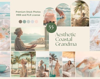 Puede incluir: Un collage de imágenes con mujeres mayores en diferentes entornos costeros. Las imágenes están dispuestas en una cuadrícula con el texto "Aesthetic Coastal Grandma" en el centro. Las imágenes muestran mujeres relajándose en playas, sentadas junto a ventanas y disfrutando del aire libre.