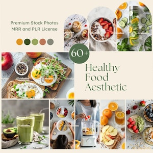May include: A collage of images showcasing healthy food aesthetics. The images include breakfast items like eggs and toast, smoothies, and bowls of fruit and granola. The color palette is natural, with greens, oranges, and browns. Text includes "Premium Stock Photos" and "Healthy Food Aesthetic."
