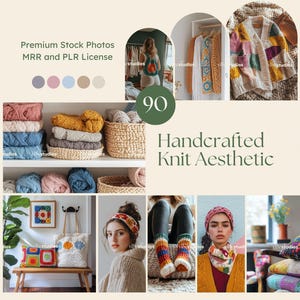 May include: A collage of images showcasing a handcrafted knit aesthetic. The images feature various knitted items in different colors and patterns, including sweaters, blankets, hats, and scarves. The text "Handcrafted Knit Aesthetic" is displayed in the center of the collage.