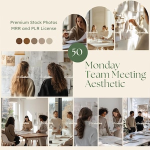 Puede incluir: Un collage de imágenes que representan una reunión de equipo en un entorno de oficina moderno. Las imágenes muestran a personas trabajando juntas, intercambiando ideas y colaborando en proyectos. La estética general es minimalista y profesional, con un enfoque en la luz natural y los colores neutros. El texto "Monday Team Meeting Aesthetic" se muestra en una fuente grande en la parte inferior del collage.