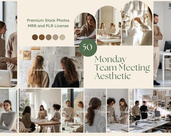 Può includere: Un collage di immagini che ritraggono una riunione di squadra in un ambiente d'ufficio moderno. Le immagini mostrano persone che lavorano insieme, scambiano idee e collaborano a progetti. L'estetica generale è minimalista e professionale, con un focus sulla luce naturale e sui colori neutri. Il testo "Monday Team Meeting Aesthetic" è visualizzato in un grande font nella parte inferiore del collage.