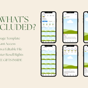 Puede incluir: Una maqueta de una plantilla de p&aacute;gina de Instagram con un dise&ntilde;o de paisaje verde y azul. La plantilla incluye 10 p&aacute;ginas y es editable en Canva. El texto "WHAT'S INCLUDED?" se muestra encima de la maqueta.