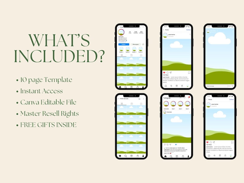 Puede incluir: Una maqueta de una plantilla de p&aacute;gina de Instagram con un dise&ntilde;o de paisaje verde y azul. La plantilla incluye 10 p&aacute;ginas y es editable en Canva. El texto "WHAT'S INCLUDED?" se muestra encima de la maqueta.