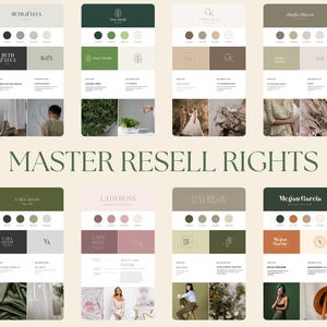 May include: A collection of eight digital branding templates for businesses. Each template features a logo, colour palette, and typography. The templates are designed in a minimalist style with a focus on clean lines and simple shapes.