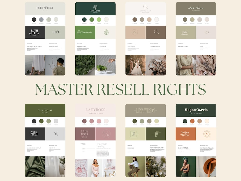 May include: A collection of eight digital branding templates for businesses. Each template features a logo, colour palette, and typography. The templates are designed in a minimalist style with a focus on clean lines and simple shapes.