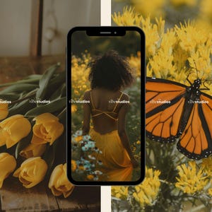 May include: A smartphone displaying a photo of a person wearing a yellow dress standing in a field of yellow flowers. A monarch butterfly is perched on a yellow flower in the background.