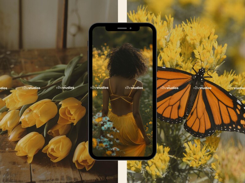 May include: A smartphone displaying a photo of a person wearing a yellow dress standing in a field of yellow flowers. A monarch butterfly is perched on a yellow flower in the background.