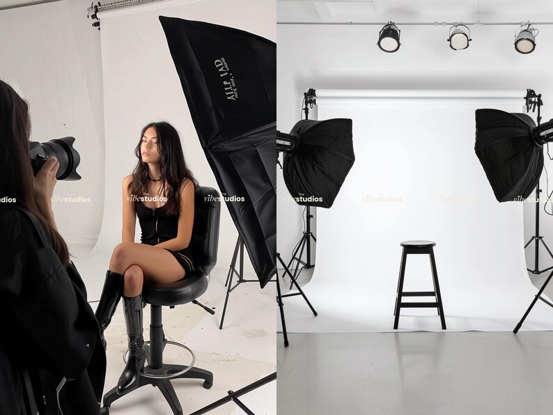 May include: A woman sits on a black chair in a photography studio. She is wearing a black tank top and black boots. There are two black studio lights with white diffusers in the background. The text "ALL-LAD" is visible on one of the lights.