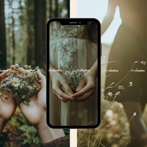 May include: A close-up of a smartphone screen displaying a photo of a person holding a bouquet of white flowers. The person is wearing a white dress with lace detailing. The background of the photo is a blurred forest scene.