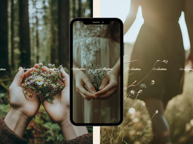 May include: A close-up of a smartphone screen displaying a photo of a person holding a bouquet of white flowers. The person is wearing a white dress with lace detailing. The background of the photo is a blurred forest scene.
