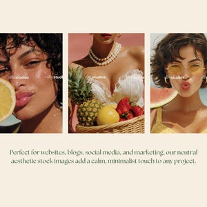 May include: A collection of three aesthetic stock images. The first image features a person holding a lemon slice. The second image shows a basket of fruit. The third image shows a person with yellow sunglasses and a slice of watermelon.