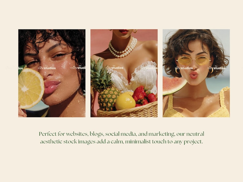 May include: A collection of three aesthetic stock images. The first image features a person holding a lemon slice. The second image shows a basket of fruit. The third image shows a person with yellow sunglasses and a slice of watermelon.