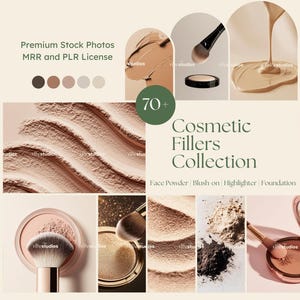 Op de afbeelding: Een verzameling van meer dan 70 cosmetische fillers, waaronder gezichtspoeder, blush, highlighter en foundation. De afbeelding toont verschillende tinten beige en bruine poeder, samen met make-upkwasten en containers.