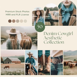 May include: A collection of 50 stock photos featuring a denim cowgirl aesthetic. The photos include a woman wearing a denim jacket and jeans, a woman wearing a denim shirt and jeans, a woman wearing a denim hat and jeans, and a woman wearing a denim bandana. The photos also include a variety of props, such as a horse, a rope, a barn, and a field.