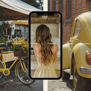 May include: A yellow vintage car parked on a street with a yellow bicycle in the foreground. A smartphone displaying a photo of a woman wearing a yellow dress is in the centre of the image.
