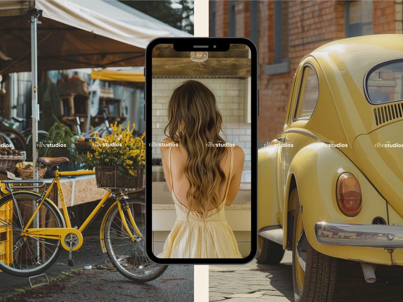 May include: A yellow vintage car parked on a street with a yellow bicycle in the foreground. A smartphone displaying a photo of a woman wearing a yellow dress is in the centre of the image.