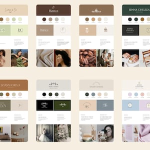 May include: Branding guide templates for small businesses. The templates feature a variety of colour palettes, logos, and fonts. The guide includes a colour palette, font choices, and examples of how to use the brand elements.