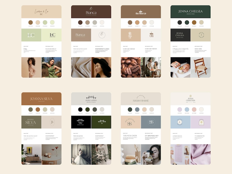 May include: Branding guide templates for small businesses. The templates feature a variety of colour palettes, logos, and fonts. The guide includes a colour palette, font choices, and examples of how to use the brand elements.