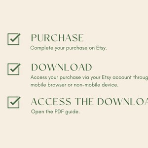 May include: A checklist with three steps for downloading a digital product on Etsy: Purchase, Download, and Access the Download. The steps are illustrated with checkmarks in green boxes.