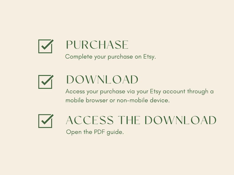 Może przedstawiać: Lista kontrolna z trzema krokami do pobrania zakupu cyfrowego na Etsy: Kup, Pobierz, Uzyskaj dostęp do pobrania. Otw&oacute;rz przewodnik PDF.