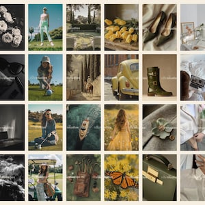 K&ouml;nnte beinhalten: Eine Collage aus Bildern mit verschiedenen Themen, darunter Natur, Mode und Reisen. Die Bilder sind in einem Raster angeordnet und zeigen eine Vielzahl von Farben und Texturen. Einige der Bilder zeigen einen Golfplatz, ein gelbes Auto, einen Strau&szlig; gelber Blumen, ein Paar gr&uuml;ne Schuhe und eine Frau in einem wei&szlig;en Kleid.