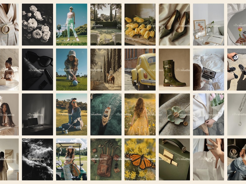 K&ouml;nnte beinhalten: Eine Collage aus Bildern mit verschiedenen Themen, darunter Natur, Mode und Reisen. Die Bilder sind in einem Raster angeordnet und zeigen eine Vielzahl von Farben und Texturen. Einige der Bilder zeigen einen Golfplatz, ein gelbes Auto, einen Strau&szlig; gelber Blumen, ein Paar gr&uuml;ne Schuhe und eine Frau in einem wei&szlig;en Kleid.