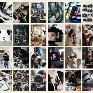 May include: A collage of images showcasing different aspects of photography, including a photo studio setup, a photographer holding a camera, a person looking through a camera viewfinder, and various camera equipment.