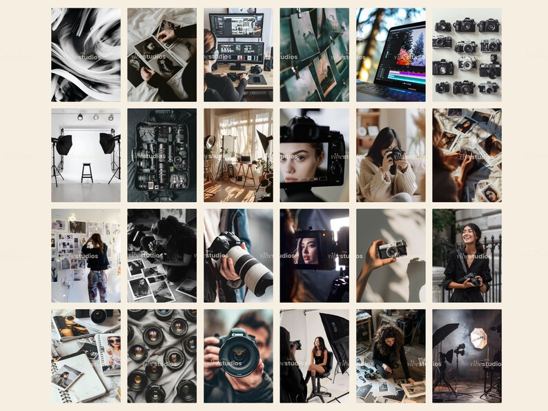 May include: A collage of images showcasing different aspects of photography, including a photo studio setup, a photographer holding a camera, a person looking through a camera viewfinder, and various camera equipment.