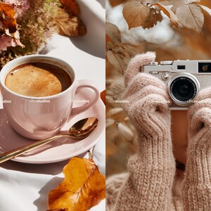 Puede incluir: Una taza y un platillo rosas con una cuchara dorada se encuentran junto a hojas y flores de oto&ntilde;o. A la derecha, una c&aacute;mara plateada es sostenida por alguien que usa guantes de punto rosas, con un fondo borroso de follaje oto&ntilde;al.