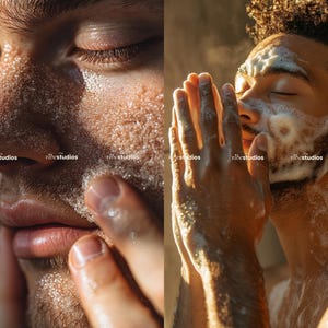 May include: Close-up of a person's face with a white, foamy cleanser applied to their skin. The person is using their hands to massage the cleanser into their skin.