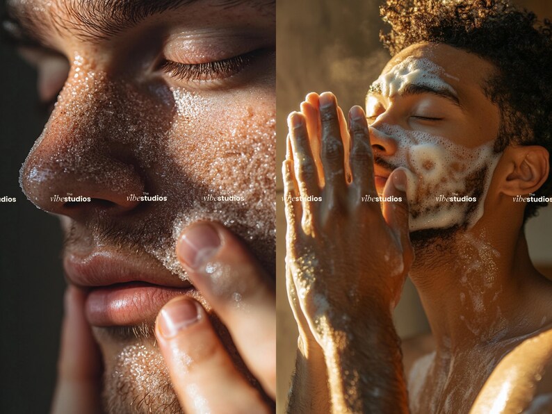 May include: Close-up of a person's face with a white, foamy cleanser applied to their skin. The person is using their hands to massage the cleanser into their skin.