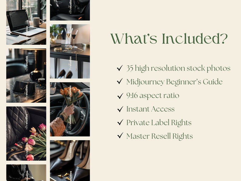 Pu&ograve; includere: Un collage di immagini che mostrano il contenuto di un prodotto digitale. Il testo "What's Included?" &egrave; visualizzato in verde. &Egrave; incluso un elenco di elementi: 35 foto stock ad alta risoluzione, Guida per principianti di Midjourney, rapporto di aspetto 9:16, accesso immediato, diritti di etichetta privata, diritti di rivendita principali.