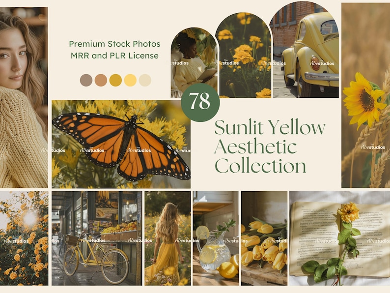 May include: A collage of images featuring a yellow aesthetic. The images include a butterfly on yellow flowers, a yellow car, a woman in a yellow dress, a book with a yellow flower, and a glass of lemonade with lemons.