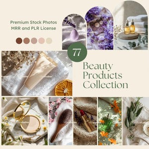 May include: A collection of 77 beauty products, including skincare, makeup, and hair care items. The products are displayed on a variety of surfaces, including towels, fabric, and wood. The image also includes flowers, plants, and other decorative elements.