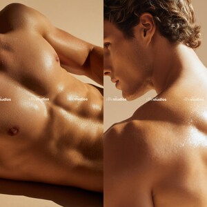 K&ouml;nnte beinhalten: Zweiteiliges Bild, das einen Torso und ein Profil zeigt. Die Haut hat einen warmen, goldenen Ton mit sichtbarer Muskeldefinition und Glanz. Der Hintergrund ist einfarbig und neutral, wodurch der Fokus auf dem K&ouml;rper liegt.