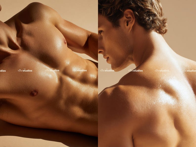 K&ouml;nnte beinhalten: Zweiteiliges Bild, das einen Torso und ein Profil zeigt. Die Haut hat einen warmen, goldenen Ton mit sichtbarer Muskeldefinition und Glanz. Der Hintergrund ist einfarbig und neutral, wodurch der Fokus auf dem K&ouml;rper liegt.