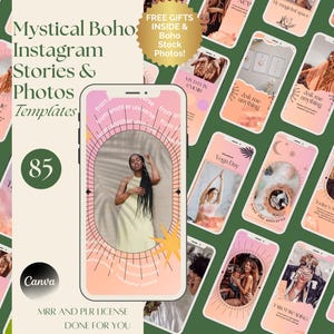 Op de afbeelding: Een set van 85 mystieke boho Instagram story- en fototemplates. De templates bevatten een verscheidenheid aan ontwerpen, waaronder geometrische vormen, sterren en hemellichamen. De templates zijn perfect om opvallende en boeiende content voor je social media te maken.