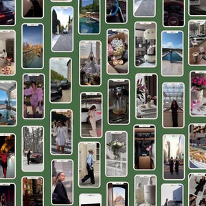 May include: A collage of images on a green background, each image is a screenshot of a mobile phone screen. The images show a variety of scenes, including people, cars, buildings, and nature.