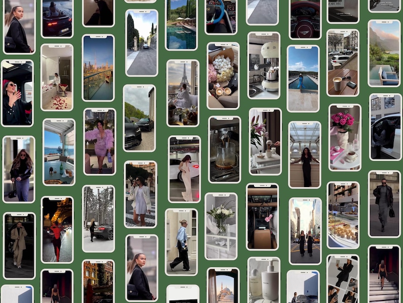 May include: A collage of images on a green background, each image is a screenshot of a mobile phone screen. The images show a variety of scenes, including people, cars, buildings, and nature.