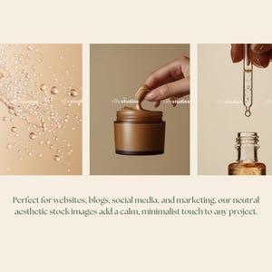 May include: Three images showcasing skincare products. The first image shows water droplets on a beige background. The second image shows a hand dipping into a jar of beige cream. The third image shows a dropper bottle with a clear liquid dripping from the dropper.