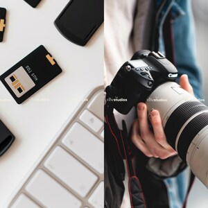 May include: A black camera with a large lens is being held by a person wearing a blue denim jacket. The camera has a white lens with black markings. The camera is attached to a black strap with a red stripe.