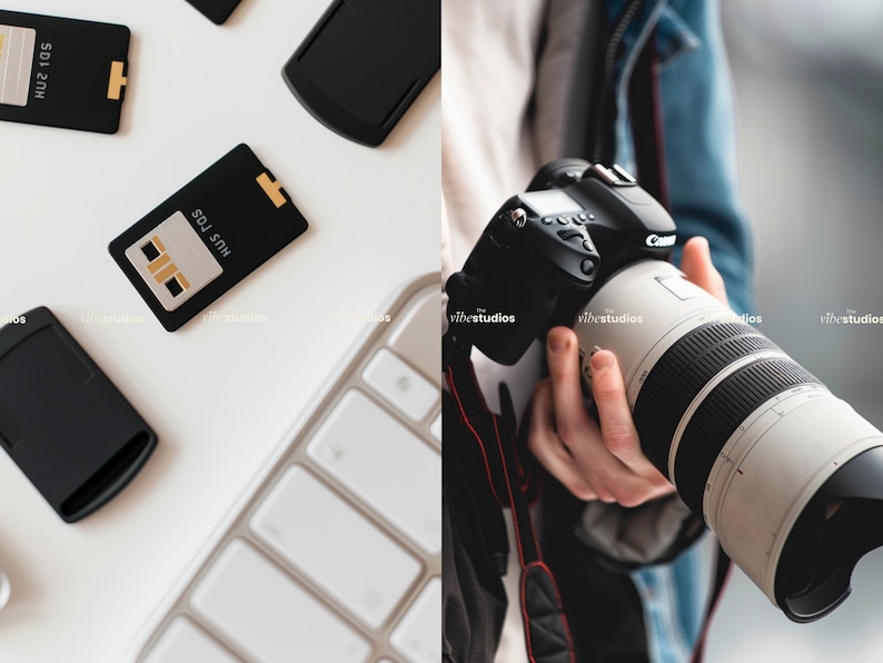 May include: A black camera with a large lens is being held by a person wearing a blue denim jacket. The camera has a white lens with black markings. The camera is attached to a black strap with a red stripe.