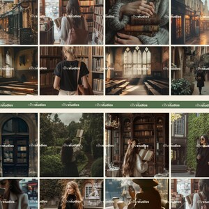 May include: A collage of images featuring a variety of scenes, including a woman reading a book in a library, a woman holding a stack of books, a woman walking down a street, and a woman standing in a forest. The images are all in a vintage style and have a warm, inviting feel.