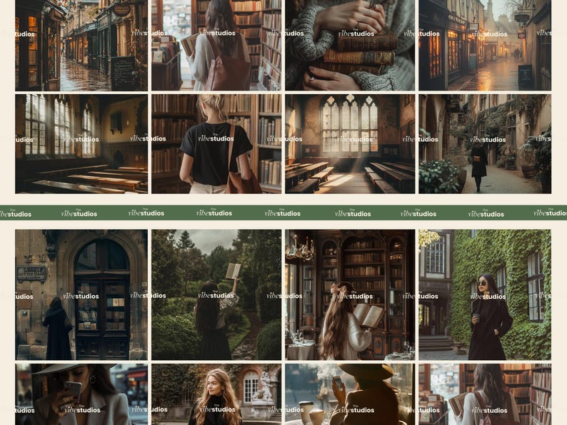 May include: A collage of images featuring a variety of scenes, including a woman reading a book in a library, a woman holding a stack of books, a woman walking down a street, and a woman standing in a forest. The images are all in a vintage style and have a warm, inviting feel.