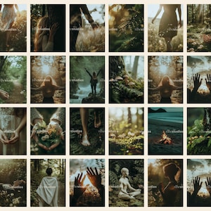 May include: A collage of 18 images featuring nature scenes, including a forest, a lake, and a field of mushrooms. The images are arranged in a grid pattern and are all in a similar style, with a soft, dreamy aesthetic.