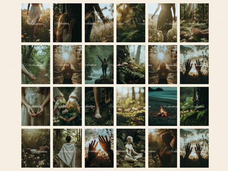 May include: A collage of 18 images featuring nature scenes, including a forest, a lake, and a field of mushrooms. The images are arranged in a grid pattern and are all in a similar style, with a soft, dreamy aesthetic.