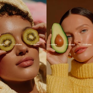 May include: Two images side-by-side. One shows a person with kiwi slices over their eyes, the other shows a person holding half an avocado. Both have radiant skin and are wearing minimal makeup. The overall theme is beauty and wellness.