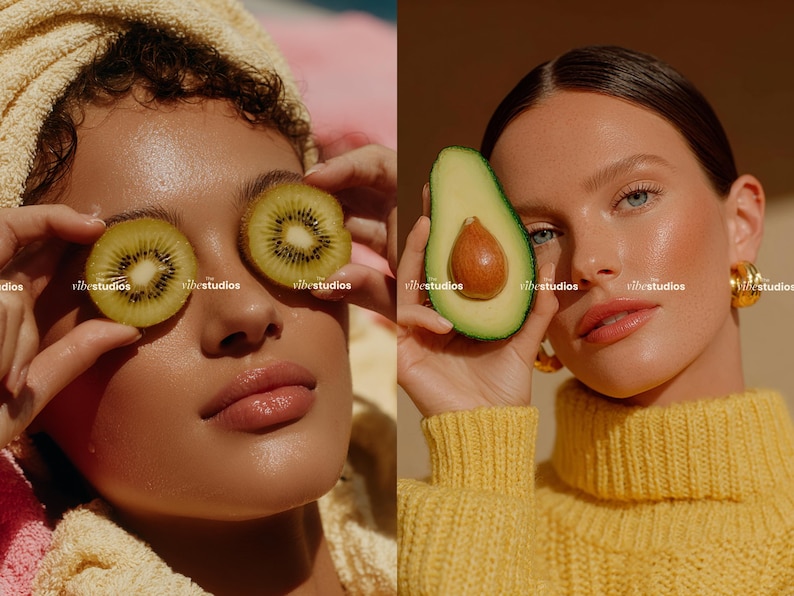 May include: Two images side-by-side. One shows a person with kiwi slices over their eyes, the other shows a person holding half an avocado. Both have radiant skin and are wearing minimal makeup. The overall theme is beauty and wellness.