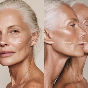 May include: A studio portrait features a woman with silver hair, showcasing her face and neck. The image is split, with one side showing a frontal view and the other a profile. The skin has a natural, aged appearance, with visible wrinkles and subtle makeup.